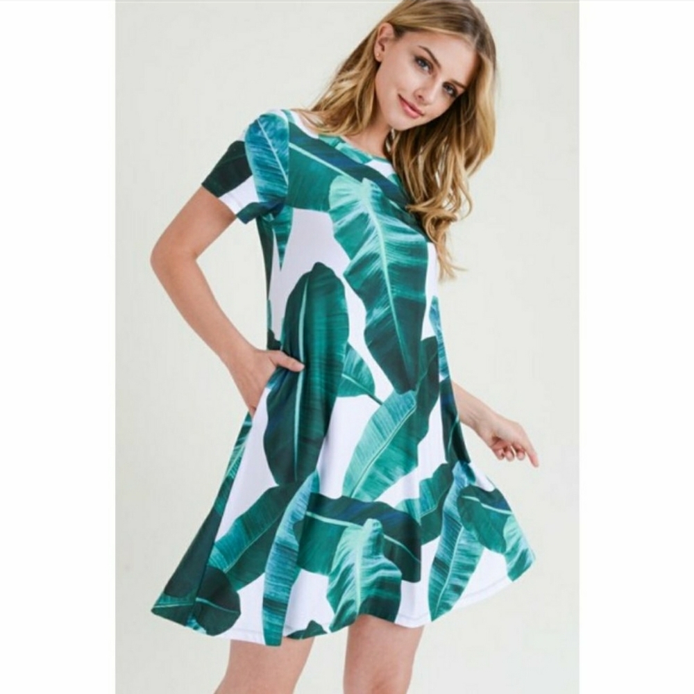 Yelete White and Green Palm Leaf Mini Dress